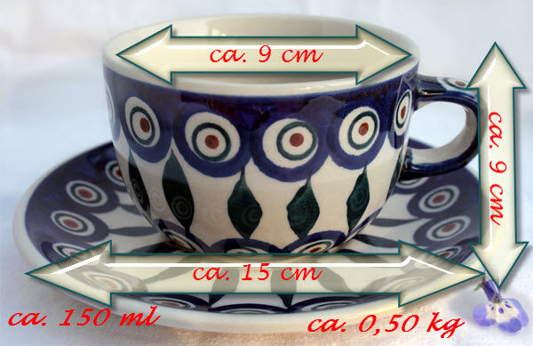 Bunzlauer Keramik Tasse mit Untertasse Dekor Pfauenauge