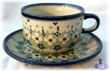 Bunzlauer Keramik Tasse mit Untertasse Dekor Beate